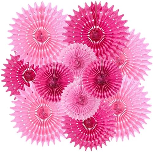 SUNBEAUTY Hot Pink Hanging Paper Fans 12Pcs Party Decor 1