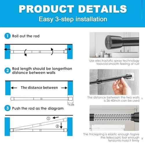 MEXAU 1Pack Black Spring Tension Rod 26-39 Inch Adjustable Extendable