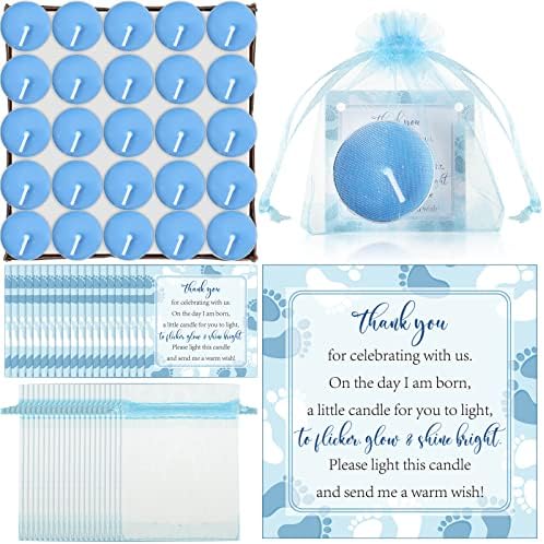 50 Sets Baby Shower Favors with Tealights Cards and Bags Blue