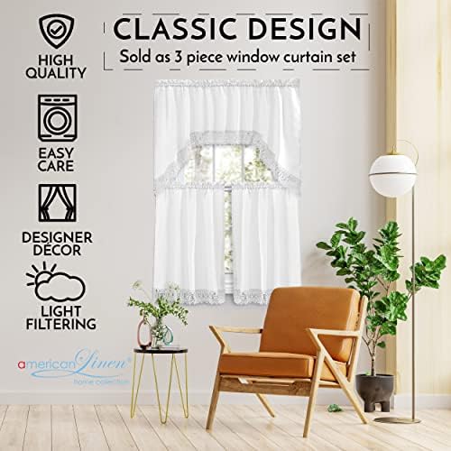 American Linen 3-Piece Caf Curtains with Valance and Lace Border White