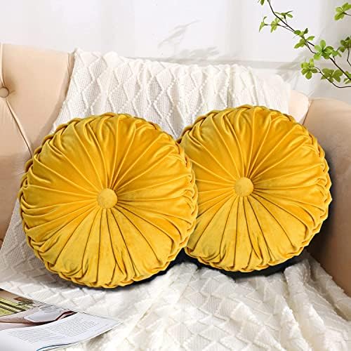 HIG Set of 2 Round Pleated Throw Pillows with Center Button