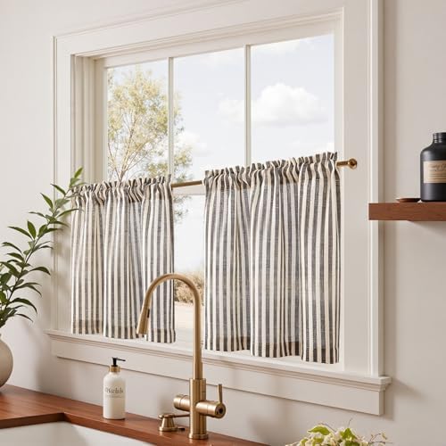 Jinchan Striped Linen Tier Curtains 2 Panels Black on Beige