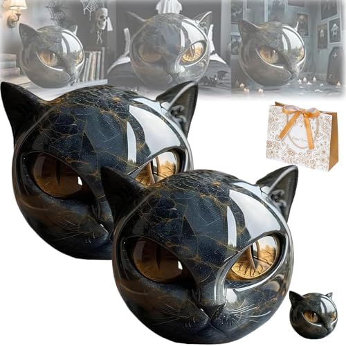Luxury Black Cat Sculpture 2pc Hand-Carved Obsidian Decor