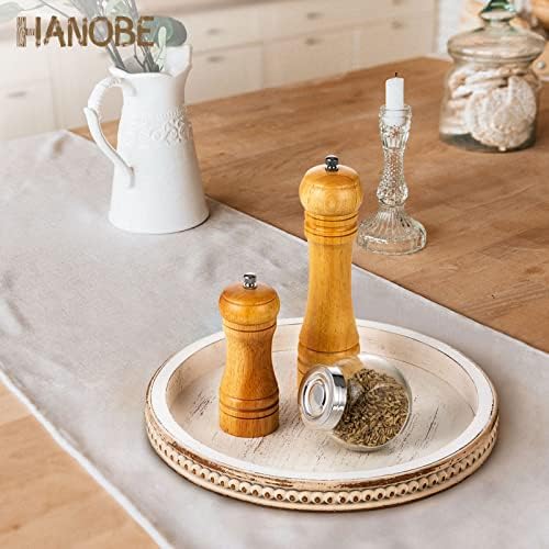 Hanobe White Washed Bead Round Wooden Serving Tray