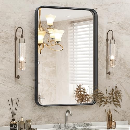 DUMOS 30x22 Inch Matte Bathroom Vanity Mirror with Black Metal Frame