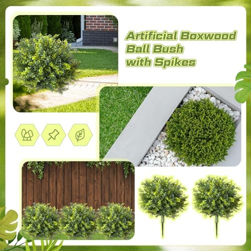 4 Pack UV Resistant Artificial Boxwood Topiaries 24 with Ground Spikes