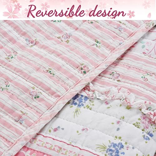 Cozy Line Pink Flower Lace Ruffle Stripe Reversible Quilt Bedding Set