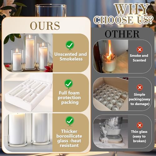 Homjoy 36 PCS White Pillar Candles with Clear Glass Holders