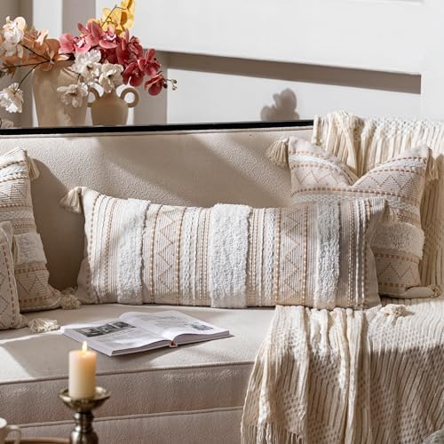 Cream Boho Throw Pillow Cover 14x36 for Bedroom and Living Room