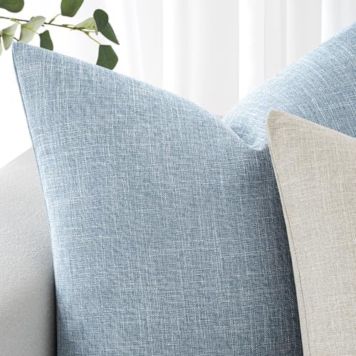 MIULEE 2 Pack Light Blue Linen Burlap Pillow Covers 1