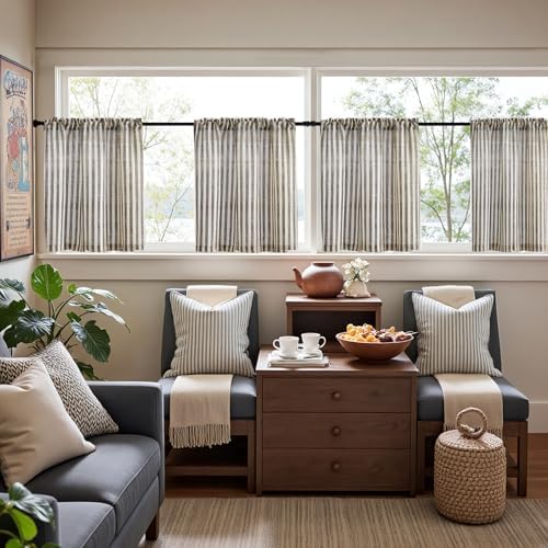 Jinchan Striped Linen Tier Curtains 2 Panels Black on Beige
