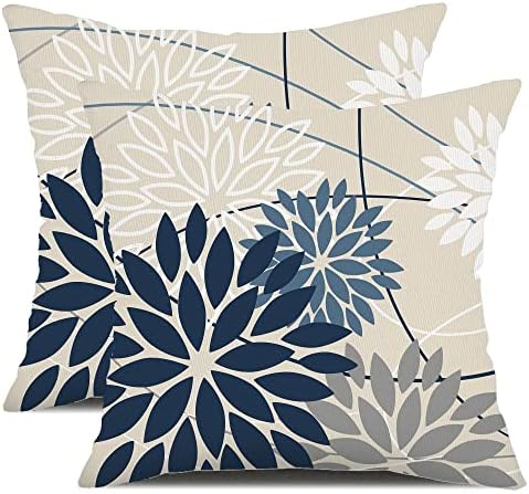 Blue Gray Floral Pillow Covers Set of 2 Waterproof 18x18