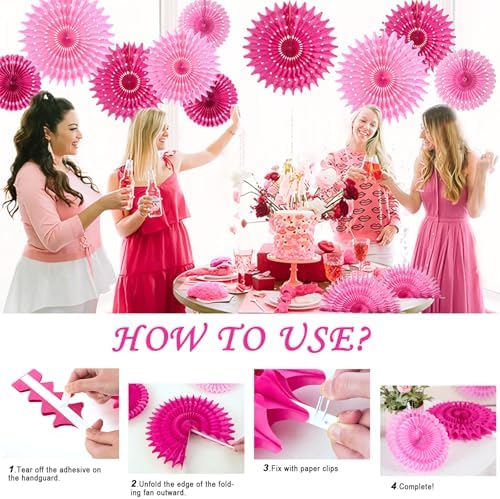 SUNBEAUTY Hot Pink Hanging Paper Fans 12Pcs Party Decor 1