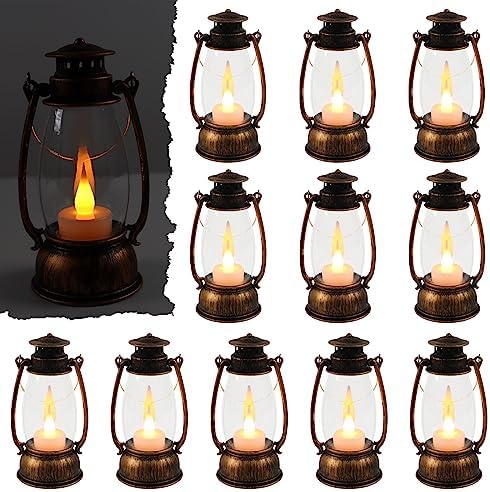 12Pcs Mini Lanterns with Flickering LED Candles Brown
