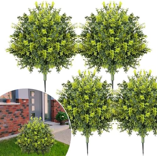 4 Pack UV Resistant Artificial Boxwood Topiaries 24 with Ground Spikes
