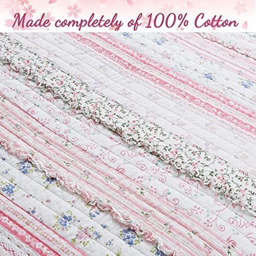 Cozy Line Pink Flower Lace Ruffle Stripe Reversible Quilt Bedding Set