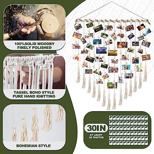Boho Photo Display with 30 Wood Clips for Grandma and Mom
