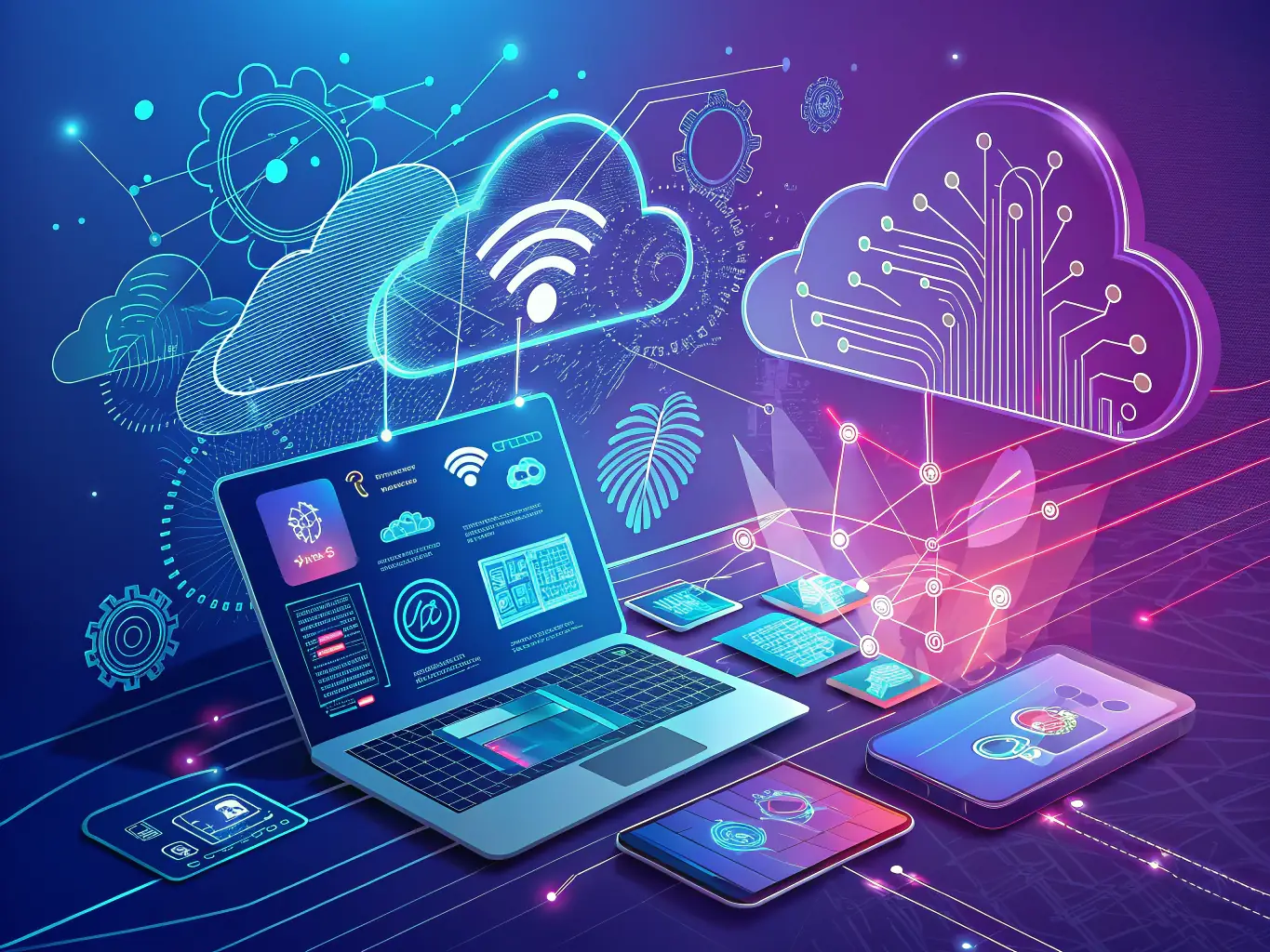 A digital landscape illustration representing various technology trends.