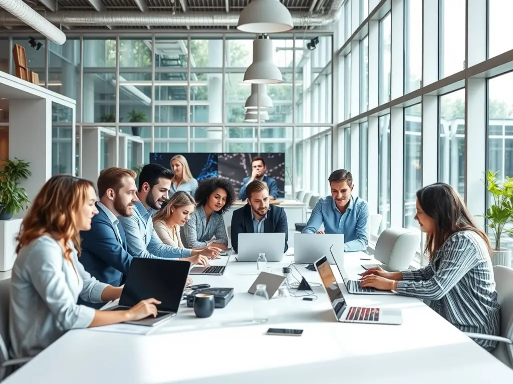 A modern office environment showcasing digital transformation tools.