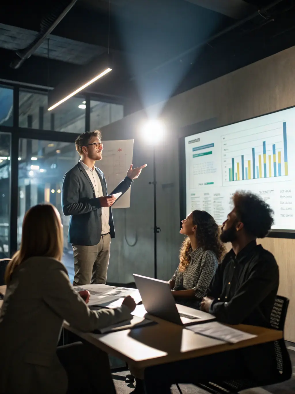 A consultant presenting a customized tech solution to a business team.