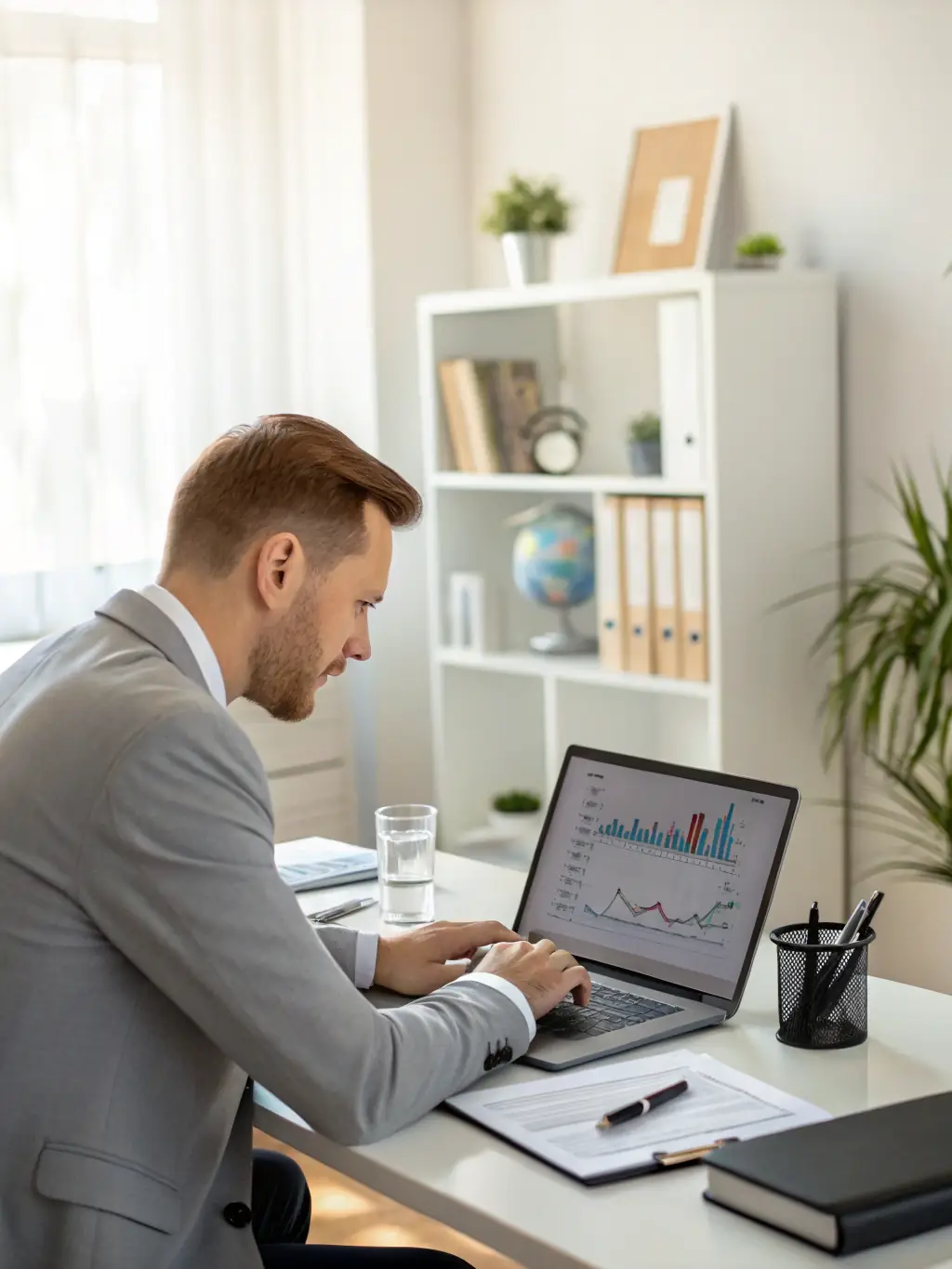 A consultant analyzing data on a tablet, showcasing insights and opportunities for business optimization.