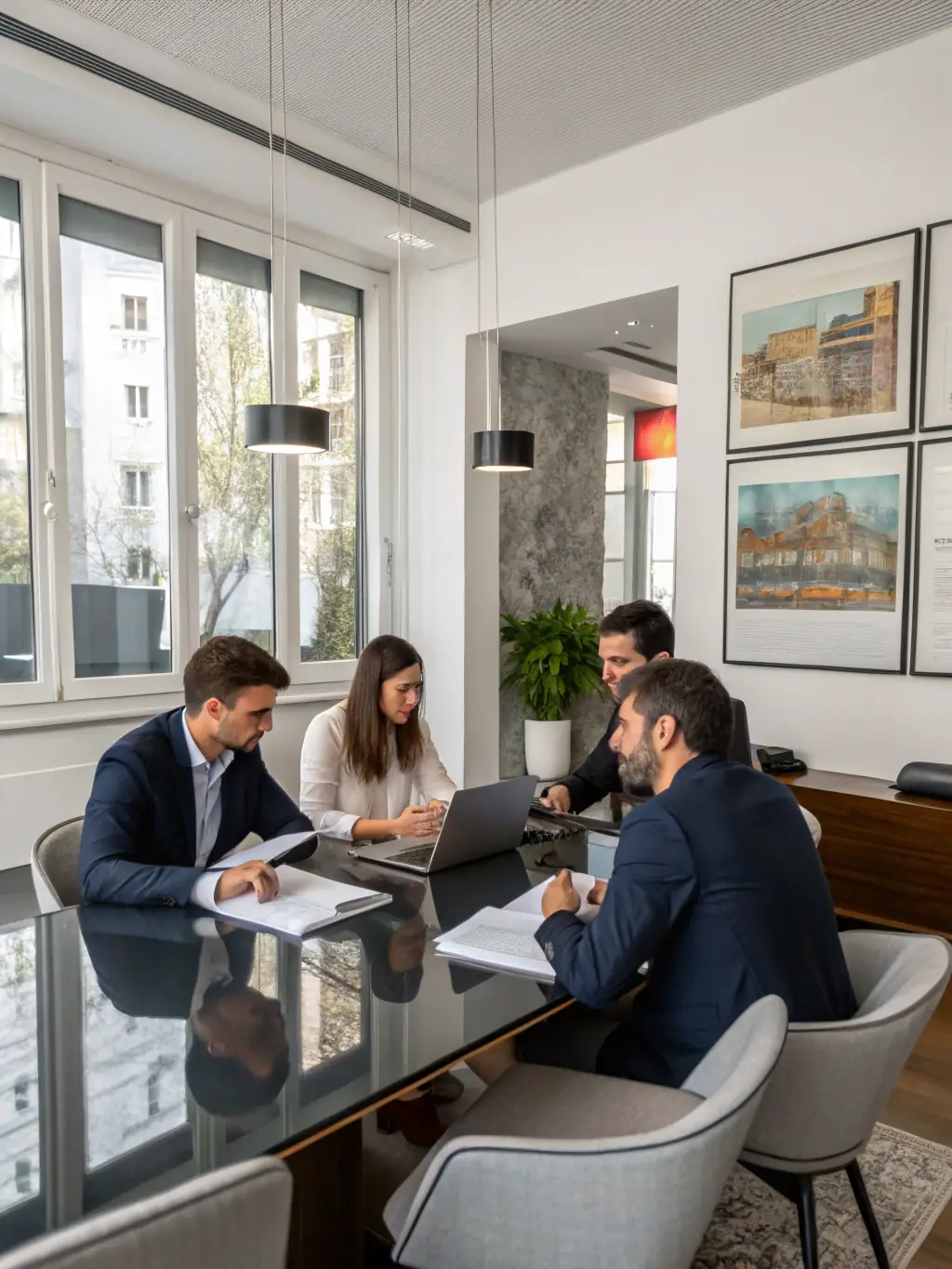 A team of consultants discussing digital transformation strategies with a client in a modern office setting.