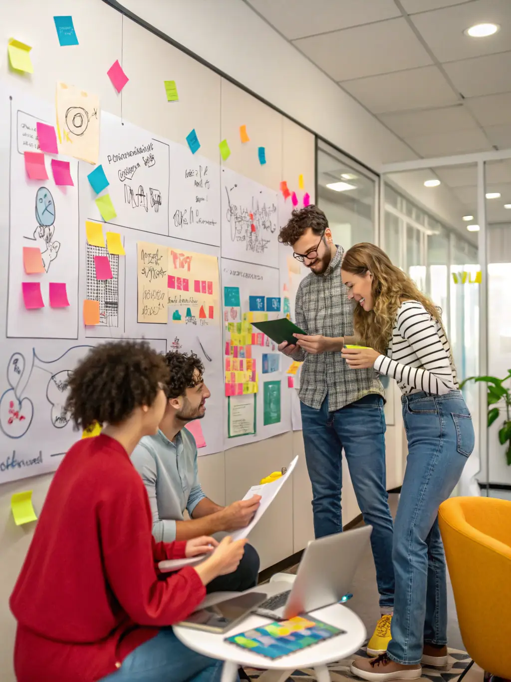 A collaborative team brainstorming tailored tech solutions, with diagrams and laptops in a creative workspace.