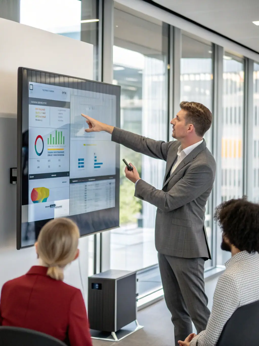 A professional consultant presenting a digital transformation strategy to a team in a modern office setting.